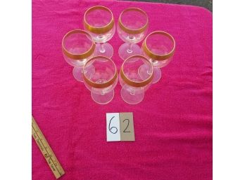 6 Gold-Rimmed 6' Red Wine Glasses - Gold Intact