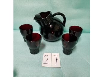 5 Piece Anchor Hocking Ruby Red Pitcher And 4 Glasses