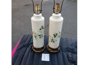 Pair Tall Midcentury Hand Painted Porcelain Lamps -Christmas