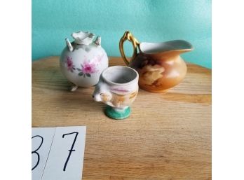 Lot Of 3 - Footed Bud Vase, Japan Rabbit Egg Cup, Creamer With Markings