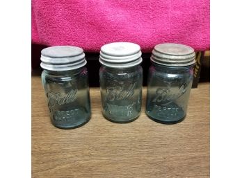 3 Antique Blue Glass Mason Fruit Jars -1900-1910, 1920-33