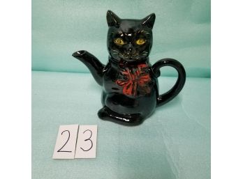 Redware 1950's Pottery Black Cat Teapot 9'tall Japan