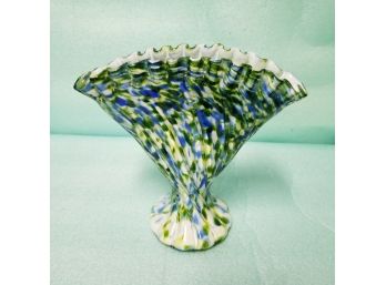 7.25' Fenton Art Glass Murrhina Adventurine Fan-shapped Vase With Ribbed Top