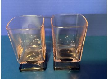 Vintage Pair Of Disaronno Pink Glass Blue Base Glasses ( 4 Inches In Height)