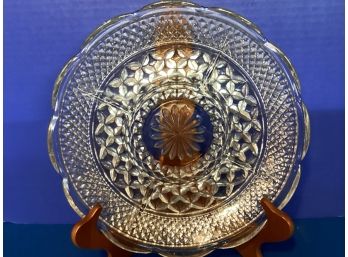 Vintage Pressed Glass Round Divided Serving Dish Scallopped Rim