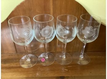 Vintage Set Of Four (4) Etched Rose Crystal Stem Water Glasses