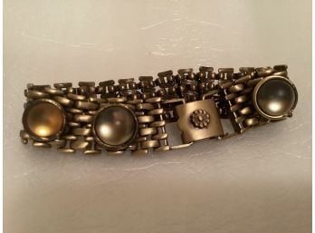 Vintage Brass Tone Women's Bracelet Wit Pasted Round Smoked Glass Stones