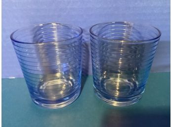 Vintage Pair  Pasabahce Blue Block Optic On The Rocks Tumblers (3 7/8 Inches Tall)