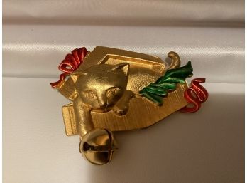 Vintage Gold Tone JJ Cat In A Holiday Gift Box