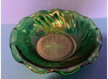 Vintage Round Green Depression Era Glass Ruffle Rim Bowl