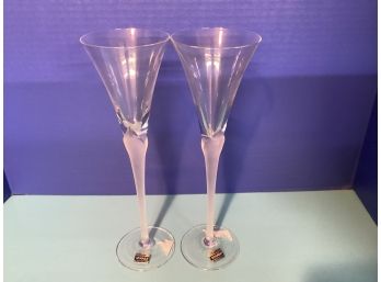 Vintage Pair Mikasa Crystal (?) Champagne Flute Glasses Frosted Stem (9 1/2 Inches In Height) - West Germany