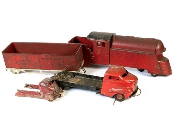 Four AS-IS Pressed Steel Toys With Ride On Locomotive