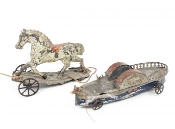 Antique Tin Horse And Ship Pull-toys