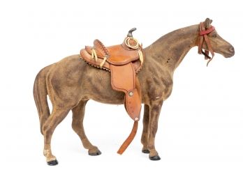 Painted Iron Horse With Leather Saddle Figurine