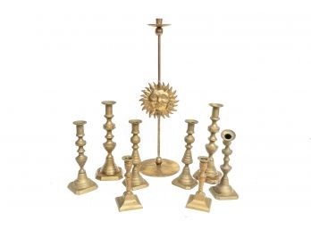 Collection Of 9 Brass Candlesticks
