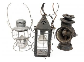 Antique lanterns including railroad lanterns