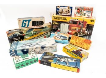 Collection of vintage model kits:  cars, truck and airplanes