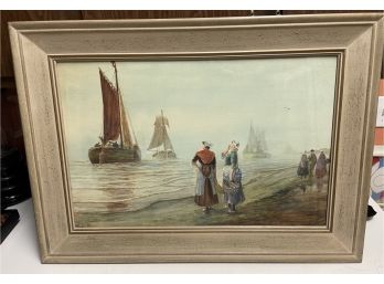 19 Th Century Watercolor Of Womans Good By To Their Men In Ships Signed Chester