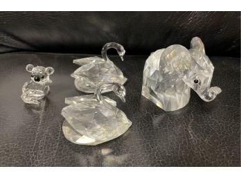 4 Pc Swarovski Crystal  Animals . Two Swans , 1 Bear , 1, Elephant . Signed And Excellent Condition . No Chips