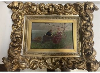 Small 19th Century German Oil Painting On Board In Original Caved 19 Th Ce Frame