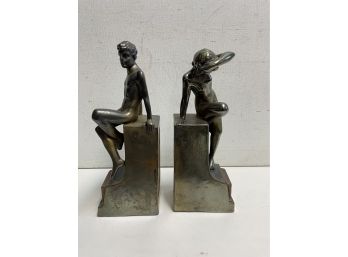 1930s Art Deco 10 Inch Tall Cast Metal Male And Female Nude  Bookends