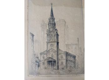 F. W. Werner Hoppe New York City Etching 'St. Paul's' Pencil Signed 'F.W.W. Hoppe'
