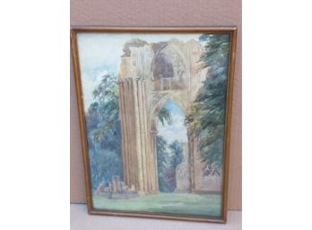 Antique English Watercolor 1800's Abbey Ruins In A Landscape Framed Original Artwork