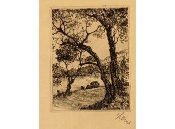 Pencil Signed Engraving Of Trees Over Water With Cliffs In The Background