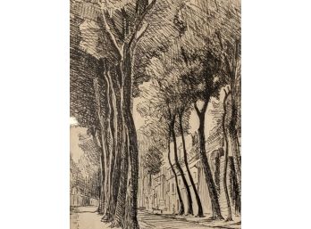 Pen And Ink Tree Lined Avenue With Artist Monogram Lower Right 'SLY'