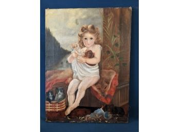Antique Oil On Canvas Little Blonde Girl With Kittens & Puppies