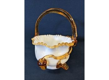 Hand Blown Victorian Art Glass Basket White And Amber