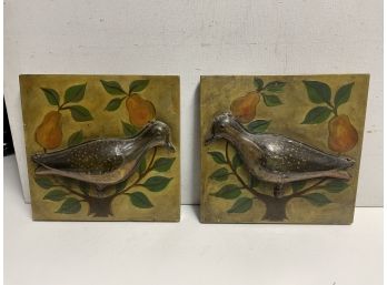 Pr Of Antique Tin  Shore Birds Mounted On Hand Painted Board Pear Tree Painted