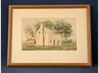 Watercolor Painting Of Early American House With Interesting Information On Back (Virginia?)