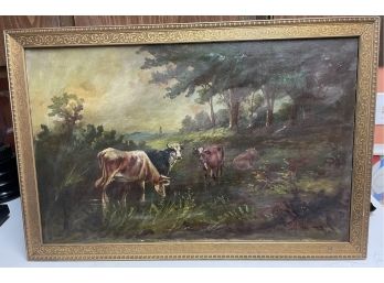 19 Th Century Oil On Canvas Cows Grazing ByC. Rossi