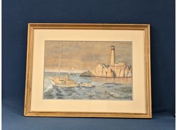 Late 1800s Mixed Media Painting Of Early Steamboat And Lighthouse Watercolor And Guache