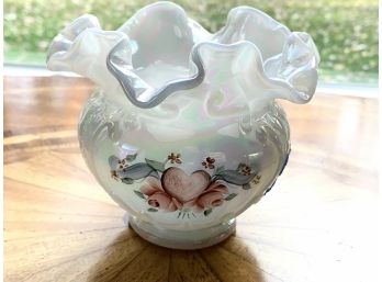 Fenton Art Glass Iridescent Ruffled Vase In Hearts & Flowers Pattern