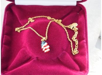 Vintage Joan Rivers Stars And Stripes USA Flag  Red White And Blue Enamel Egg Pendant Necklace