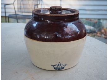 Vintage Robinson Ranbottom 2 Tone  Blue Crown #3 Stoneware Bean Crock With Handle & Lid