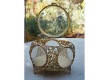 Antique Ornate Brass And Glass Footed Jewelry Box