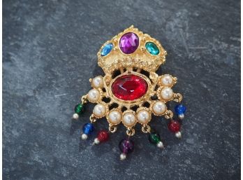 Vintage KJL Kenneth J Lane India Jeweled Crown Brooch With Cabochons Faux Pearls & Beads