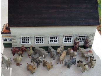 Wood Farm House With 18 Handcrafted Wood Animal Figurines And The Farmer And Wife