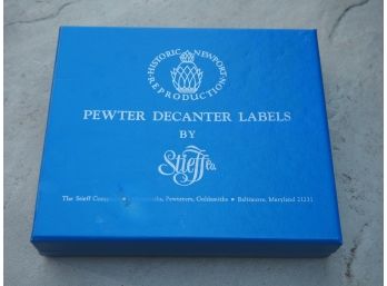 Stieff Historic Newport Pewter Decanter Labels /Hanging Chains Set Of 6 With Box