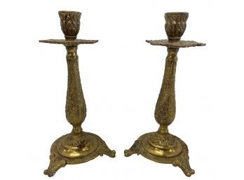 Vintage Art Nouveau Brass Repousse Candlesticks