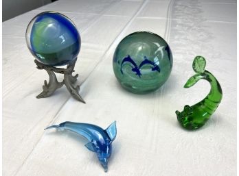 Blue & Green Art Glass Grouping With Dolphin Theme