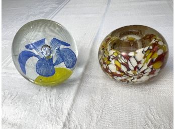 Blue Flower Art Glass Paperweight & Single Murano Glass Candlestick