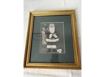 Vintage Mary Hughes Santa Clause Print In Gold Frame