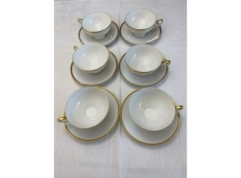 Set Of Six Vintage Modern Tirschenreuth Germany Porcelain Gold Rimmed Teacups & Saucers