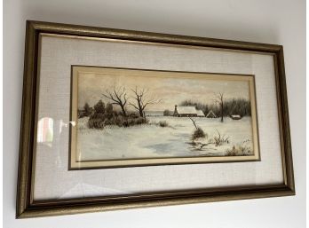 Original Watercolor Winter Snow Scene Painting Signed M.A.Z.