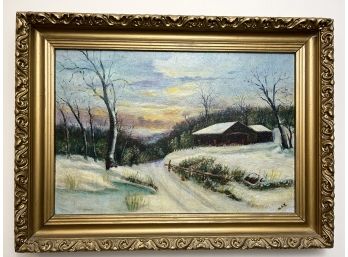 Antique Original Oil On Board Signed NAZ, Snowy Cabin Scene