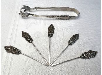 Set Of Five Sterling Silver Buddha Cocktail Picks & Silverplated Ice Tongs